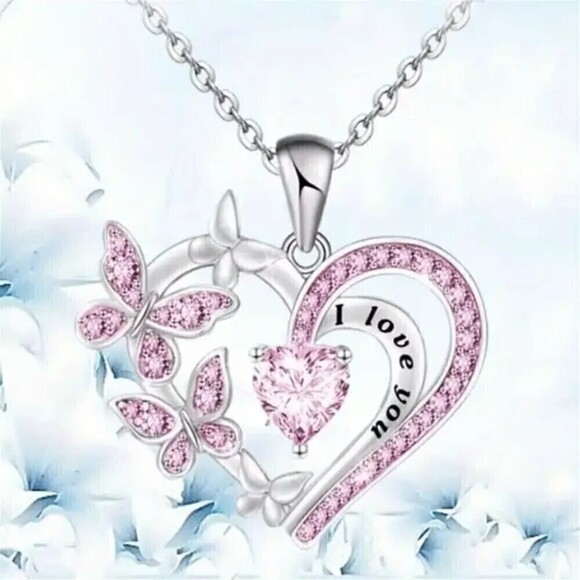 New - Pink Heart Butterfly Pendant Necklace 18" w/ 2" extension - Picture 2 of 5
